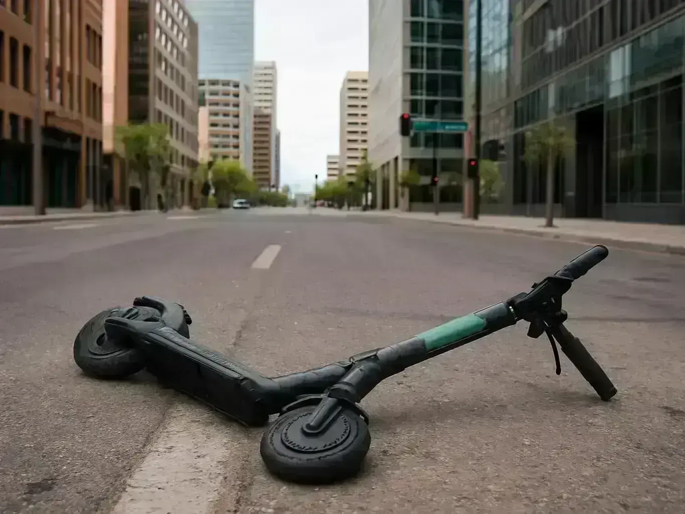 injury attorney investigating scooter collision scene by Historic Downtown Glendale storefront parking